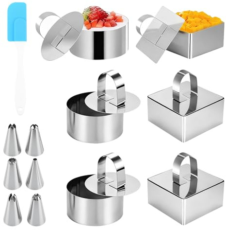 CARANNACLTD 6 stycken dessertringar och matdekorationer, 8 cm runda mousseringar, serveringsringar, rostfritt stål, set med lyftare, små bakringar, tårtring för gör-det-själv, mousse, tårta, risboll