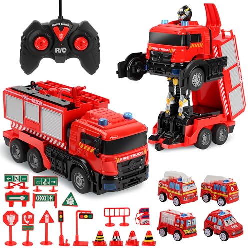 Charmofun Feuerwehrauto Ferngesteuert, 1:14 Groß Feuerwehr Spielzeug mit Licht Sound Wasserspritz, 2 in 1 Transformator Ferngesteuertes Auto Spielzeug, Spielzeugauto Kinder Weihnachten Geschenke