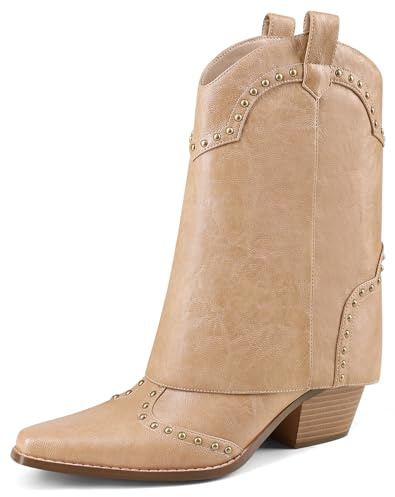 RONILURN Women Shark Boots Fold Over Cowboy Boots Cowgirl Ankle Chunky Heel Snip Toe Pull On Studded Boots for Women