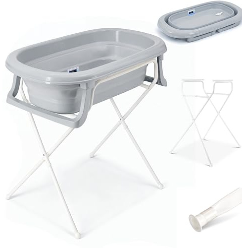 Babykajo Babybadewanne mit Ständer - 4 Set. Baby Badewanne faltbar, Gestell faltbar, Ablaufschlauch & Thermometer-Sticker, ab Geburt, BPA-frei, EU gefertigt, 83x48x93cm, bis 16 Monate.