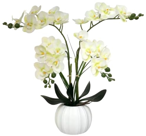 Ameble Konstgjord orkidé i kruka, 24-hövdade orkidé-konstgjorda blommor, konstgjorda blommor, för inredning av äkta utseende, vitt och grönt, 40 x 13, 94 cm