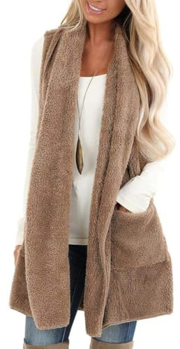 ReachMe Women's Sherpa Vest Open Front Sleeveless Fleece Cardigan(01 Khaki,L)