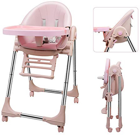 OUNUO Trona para Bebe Evolutiva, Trona para bebés Plegable con bandeja extraíble, Tronas bebe Ajustable 5 Alturas, 4 ruedas, Rosa