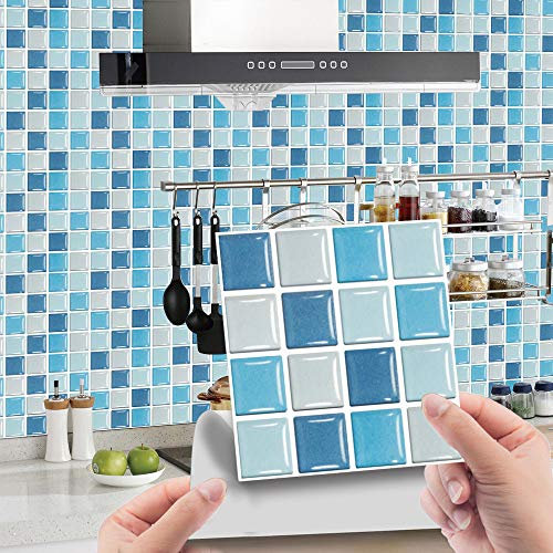 Hiseng Rettangolo Adesivi per Piastrelle da Cucina, Marmo 3D Mosaico Stampa Impermeabile Adesivo da Parete Formato Autoadesivo Decorativo per Bagno Decorazioni, 10x10cm (Blu,30Pezzi)