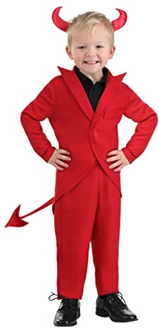 Fun Costumes Toddler Devil Costume | Red Tailcoat Jacket With Faux Button and Satin Tail, Red Pants, and Soft Satin Horns - 2T
