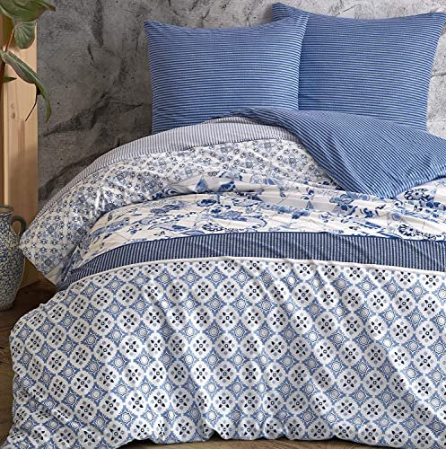 one-home Bettwäsche Paisley Retro Blumen gestreift weiß blau Wende Baumwolle Renforcé, Größe:3 teilig 200x220 cm - Doppelbett