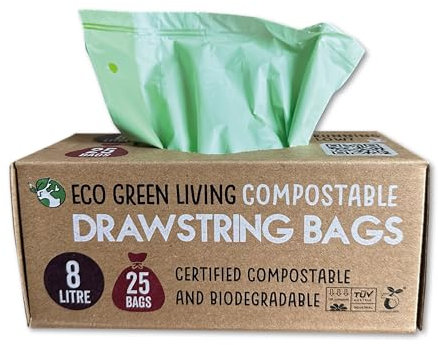 Eco Green Living 8 Litre Drawstring Bin Liners, Plastic Free, Strong and Leak Proof Refuse Sacks, Small Bin Bags for Office and Bathroom Bin, Drawstring Garbage Bags, 25 Bags