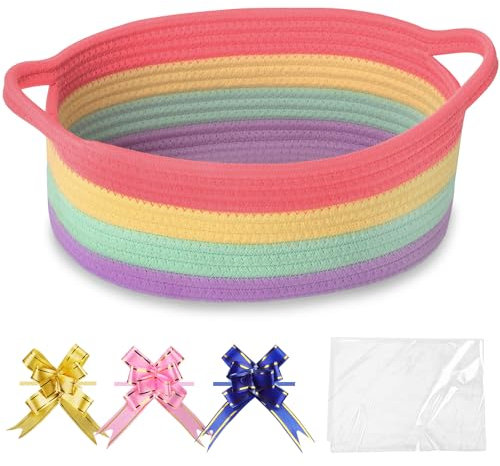 COMSE Piccolo cestino intrecciato con sacchetti regalo e nastri, cesto regalo vuoto, organizer per la cameretta dei bambini, corda di cotone, 30,5 x 20 x 13 cm, arcobaleno