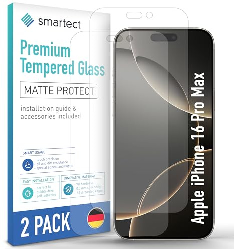 smartect [2 Stycken, Matt] Skärmskydd kompatibel med iPhone 16 Pro Max, HD Screen Protector i Härdat Glas 9H, Bubbelfri Installation, Anti-Fingeravtryck