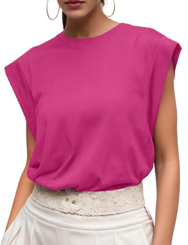 GRECERELLE Womens Cotton T-Shirt Summer Short Sleeve Pleated Fashion Elegant T-Shirt for UK Ladies Party Beach (Hot Pink, XL)