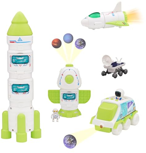 YULEYU Fusée Spatiale pour Enfants - Fusée Jouet Espace & Navette Spatiale Jouets, Modèle avec Astronaute (Vert), Effets Sonores Lumineux, Éducatif 3 Ans et Plus