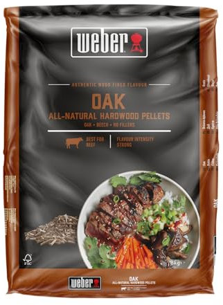 Weber Pellets de madera de roble/madera de roble natural para barbacoas de pellets con sabor sutil, ahumado, ligeramente dulce, sin rellenos, ideal para cocción baja y lenta, bolsa de 8 kg