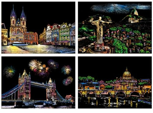 Lot de 4 images à gratter pour adultes et enfants Magic Rainbow A4 - Papier à gratter - Cadeau d'anniversaire - Avec outils à gratter - Pour enfants - 4 belles villes