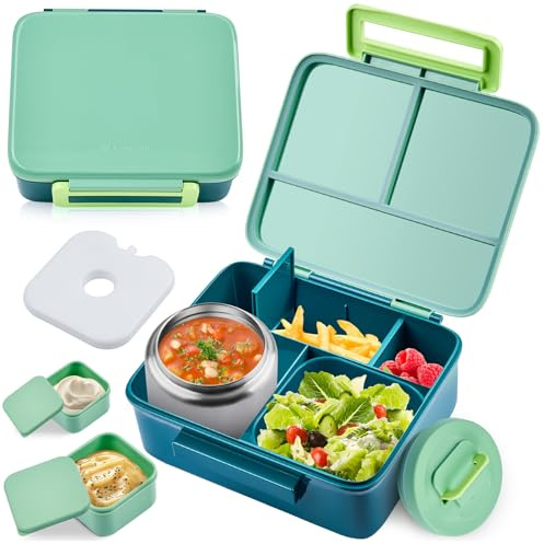 Bento Lunch Box for Kids with 8oz Soup Thermo Leak-Proof Lunch Food Containers with Snack Sauce Container for Kid Girls Boys to School, Green