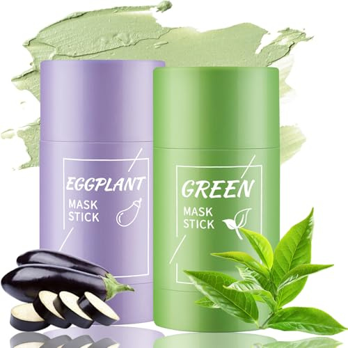 Soleneva 2 PCS Green Mask Stick, Aubergine und Grüner Tee Purifying Clay Mask, Green Tea Feuchtigkeits Maske für Frauen, Tonerde Maske für Skin Care, Gesichtsmaske für Poren Verkleinern und Anti Akne