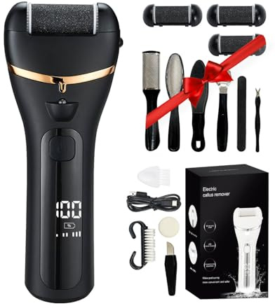 11 in 1 Electric Foot File,Stocking Filler Rechargeable Waterproof Hard Skin Remover,3 Speeds Foot Care Set with 3 Roller Heads,LED Display Visible Battery Level & Storage Bag