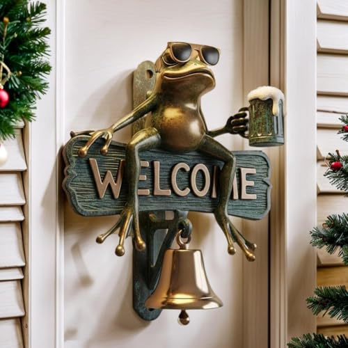 COCEQUC Chill Frog Welcome Doorbell,Frog Welcome Sign Beer-Drinking Frog with Sunglasses,Hand-Painted Resin Funny Outdoor Decorative Door Bell for Porch,Garden Gate