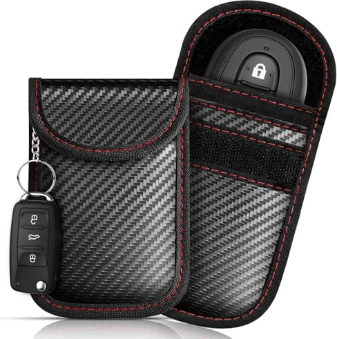 Omnikryp 2 Piezas Bolsas para Llaves de Coche, Bolsa para Llaves de Coche de Fibra de Carbono, Estuches de Llave Bloqueo de Señal de Seguridad con Llavero, para RFID Protección Antirrobo (Negro)