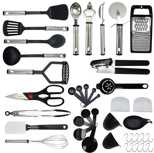 Kitchen Utensils Set – 30 Pcs Heat Resistant Cooking Utensils Nylon and Stainless Steel – Cooking Spoon, Ladle, Spatula, and Can Opener - Gadgets & Kitchen Accessories Ideal Xmas Gift