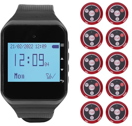 Bewinner sistem de Buscapersonas para Restaurantes, 10 Buscapersonas para Cuidadores, 1 Reloj Receptor, sistem de Llamadas Inalámbrico IPX4 con Vibración, Parpadeo y Zumbador para Iglesia, (Rojo)