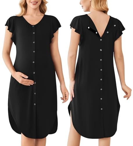 Ekouaer Labor and Delivery Gown 3 in 1 Nursing/Hospital/Breastfeeding/Maternity Flying Short Sleeve Nightgown with Button Black L