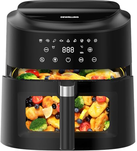 Dewelling Air Fryer XXL 9L – 2350W Friteuse sans Huile pour une cuisson rapide, Friteuse à air avec Grande fenêtre, 9 Programmes, 40–200°C, Rappel Shake, Maintien au Chaud