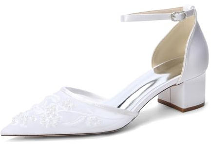 Chaussures De Mariage Femme À Talons Carrés Escarpins Bout Pointu Résille Et Satin Bride Cheville Perles Chaussures De Mariée Fête 2309-83