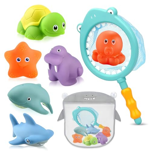 Conjunto Juguetes para Baño Juguetes Bañera para Bebe Niños Niñas 1 2 3 Años, 8 Piezas Juguetes Flotantes de Agua con Red de Pesca y Bolsa de Almacenamiento, Regalos Bañera Piscina para Niños