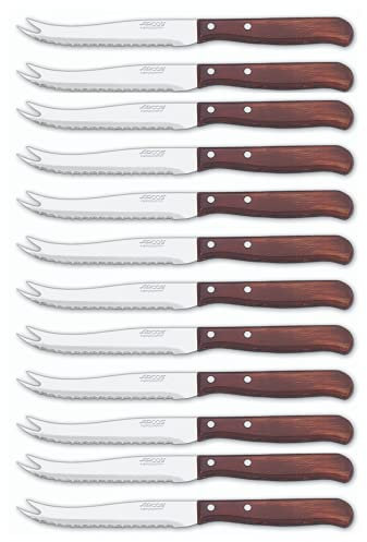 Arcos Serie Latina Caja 12 uds Cuchillo para queso, Hoja serrada de Acero Inoxidable NITRUM de 105 mm, Mango de Madera comprimida Color marrón (12 UDS)