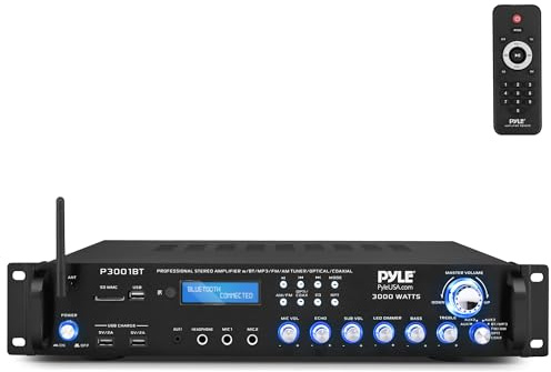 Pyle 3000W Multi-Channel Bluetooth Wireless Power Amplifier - Rack Mount - Stereo Receiver w/ FM Radio - USB/SD - Dual Mic w/ Echo - RCA - Headphone - LED Display - Cooling Fan - P3001BT
