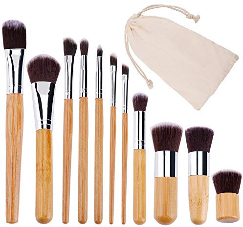 Brochas de Maquillaje Profesional Juego de Cepillo de Maquillaje de Bambú para Ojos Rubor Contorno de los Labios Corrector Brochas con Bolsa 11 Piezas
