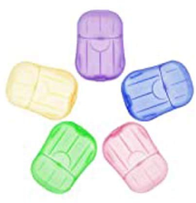 J Shop 5pièces Savon jetable Papier Propre parfumé Tranche Mousse boîte Mini Papier Savon pour Voyage en Plein air Utilisation Couleur aléatoire