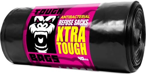 TOUGH BAGS Antibacterial Large Refuse Sacks - 80 x 100cm 40 μm, 20 Bag Roll - Xtra Tough & Strong Bin Liners Bin Bags - Perfect for Domestic, Commercial and Industrial Environments.