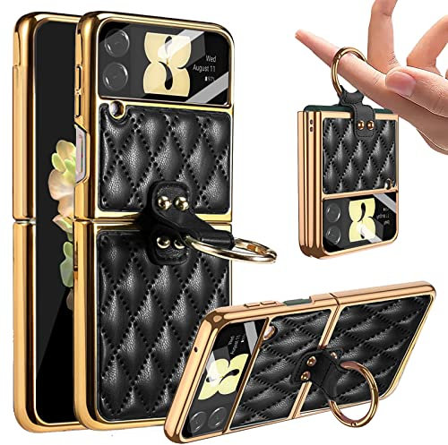 Miimall for Samsung Galaxy Z Flip 4 Leather Case with Ring, Shockproof PU Leather Samsung Z Flip 4 Case with Glass Camera Protection, Anti-Skid Full Coverage Protective Cover for Z Flip 4-Black
