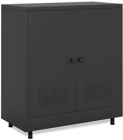 JINKUR Aktenschrank Büroschrank Lagerschrank Metallschrank Stahlschrank Mehrzweckschrank Buffetschrank Flurschrank, Aufbewahrungsschrank aus Metall mit Verstellbarem Regal (Schwarz)