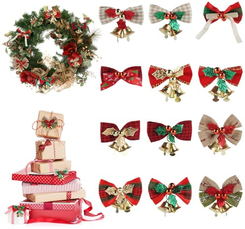 badaren 12 Piezas Mini Lazos de Navidad, Lino Lazos Navideños con Campanas, Arcos para Árboles de Navidad, Arcos Decorativos de Navidad, Lazos para Árboles de Navidad, Coronas Navideñas Decoración