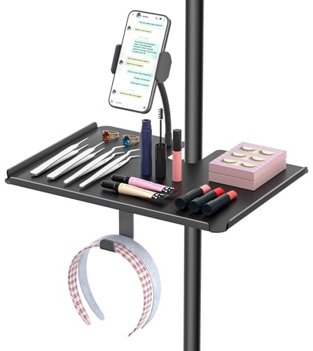 Adjustable Metal Lash Tray Holder for Ring Light & Lash Techs - Clip-On Organizer Tray with Phone Holder, Mirror Hook & Height Control for Eyelash Extensions Supplies (Salon/Home Use)