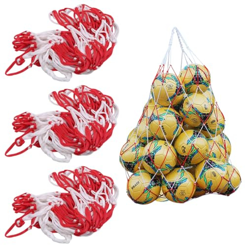 HZAOPZE 3 PCS Rete per Palloni, Calcio Rete Portapalloni, Grande Borsone in Rete Sacca a Sfera per Basket Pallavolo, per 10-15 Palloni, Poliestere Rosso e Bianco