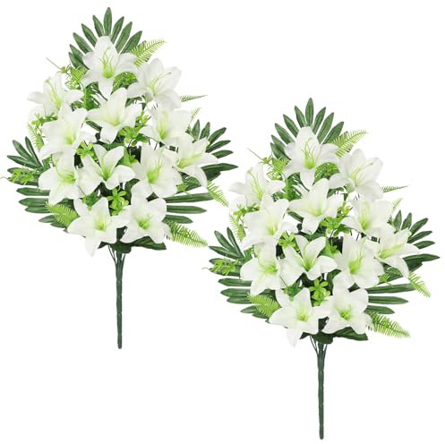 Oairse 2 flores artificiales para tumba, ramo de lirios artificiales blancos, flores de lirio falso, flores conmemorativas para arreglos de cementerio flora, decoración de tumbas