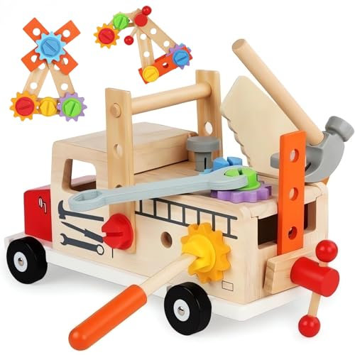 WONZHEC Werkzeugkasten für Kinderwerkbänke, Holzspielzeug, Werkzeuge für 3-, 4- und 5-Jährige, Montessori-Spielzeug, Werkzeugkasten, Lernspiele, Werkzeugsatz, Werkzeugwagen für Kinder.