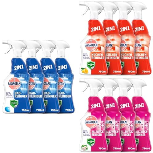 Sagrotan Bad-Reiniger Ozeanfrische für Hygiene im Bad + Küchen-Allzweck für die Reinigung der Küche + Allzweck für die Reinigung von Oberflächen – 12x750 ml