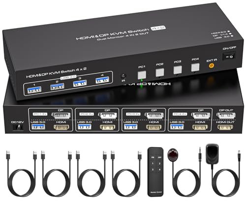 VPFET DisplayPort HDMI KVM Switch 4 PC 2 Monitors 4K60Hz KVM Switches 4 Ordenadores Compartir 2 Monitores y 4 puertos USB 3.0 Incluye adaptador DC12V y 4 cables USB 3.0