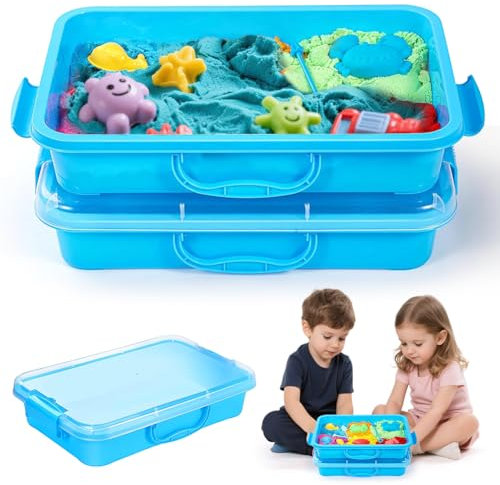 Sensory Bin - Lot de 2 bacs à sable avec couvercle pour enfants - Bac à sable avec poignée - Portable - Plateau en plastique pour l'eau, le sable, les perles et plus encore - Bleu