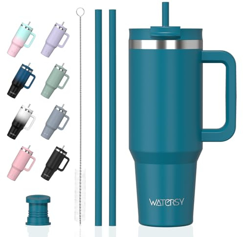 WATERSY 40oz Travel Mug Coffee Cup with 2 Straws, Tumbler Lid and Handle, Stainless Steel Double Wall Vacuum Insulated Coffee Water Bottle Thermal for Cold Hot Coffee 1182ml Blue