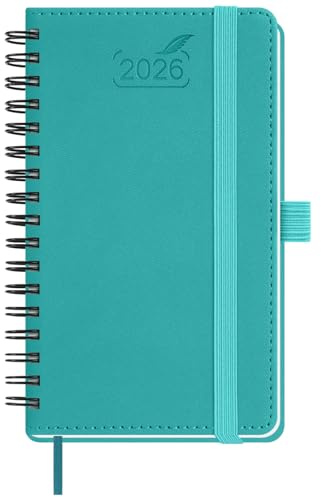 BEZEND Agenda Settimanale 2026 Tascabile Spirale 15,5 x 9 cm, A6 Diario Piccola da Gen a Dic 2026, Portapenne Autoadesivo, Copertina Morbida in Pelle PU - Turchese