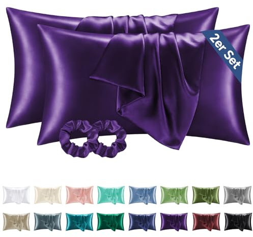 BEDELITE Satin Kissenbezug 40 x 80 Lila - Kopfkissenbezug 2er Set Weich wie Seidenkissenbezug 40x80 Sommer mit 2 Haargummis für Haar und Haut, Similar to Silk Pillowcase Pillow Cover