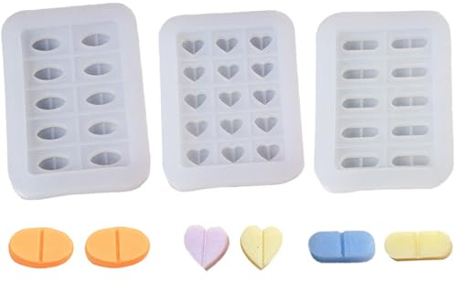3 stycken miniatyr medicinska temaformer, mini ovala hjärtformade tabletter kapsel silikonform hantverk gjutform (genomskinlig)