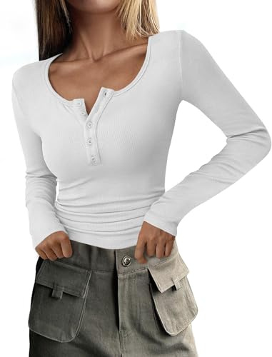 DUOEASE Magliette Donna Manica Lunga Girocollo con Bottoni Maglia Elegante Donna Basic t Shirt a Coste