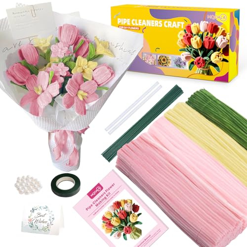 MQOALA Limpiapipas Manualidades, Juego de 350 Piezas para Hacer Flores DIY en 4 Colores, Incluye Tallos Floral, Cinta, Cuentas Decorativas y Alambre Chenilla para Ramos de Tulipanes y Flores(Rosa)