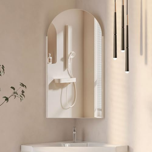Mepplzian 40x80 Corner Mirror Cabinet,Arched Bathroom Cabinets with Mirror | Mirrored Bathroom Cabinets Wall Mount,3 Shelves,Large Space,HD Copper-Free Silver Mirror,White Metal Edge Mirror Wall Cabinet